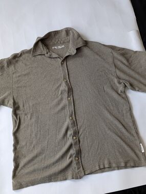 Rusty Surfboards Ribbed Knit Button Down Shirt Olive Grey